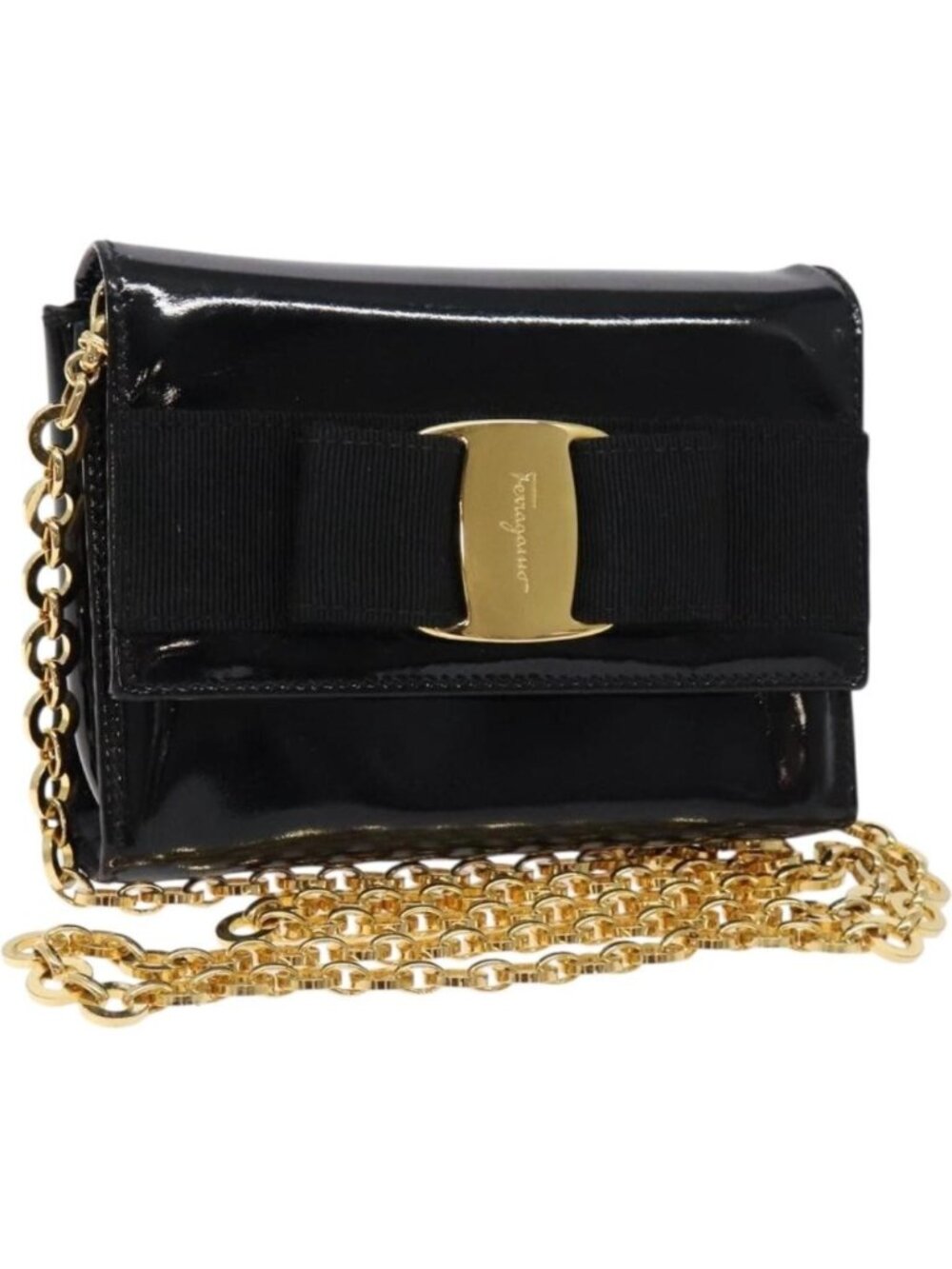 Salvatore Ferragamo Chain Shoulder Bag Enamel Black Gold